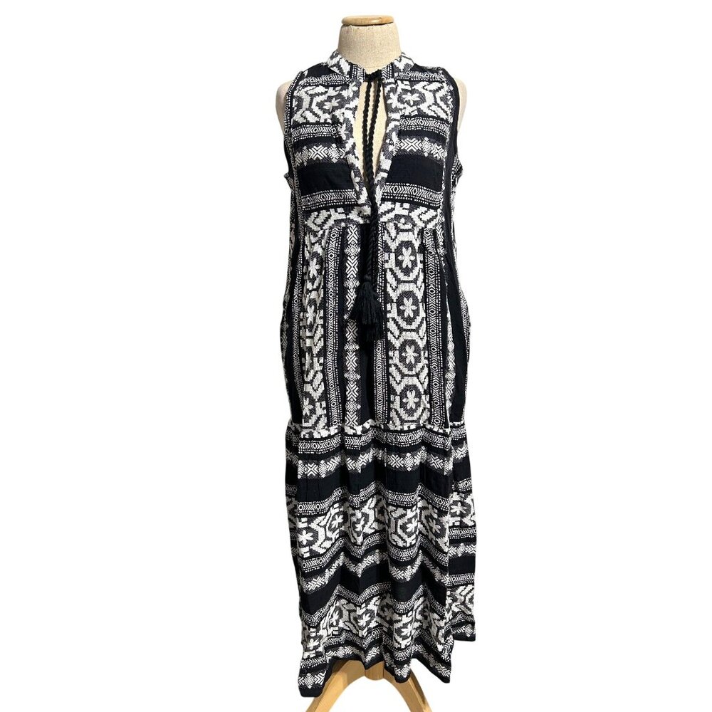 Elan Women's Sz S Sleeveless Boho Print Dress Tassel Tie Neckline 100% Cotton